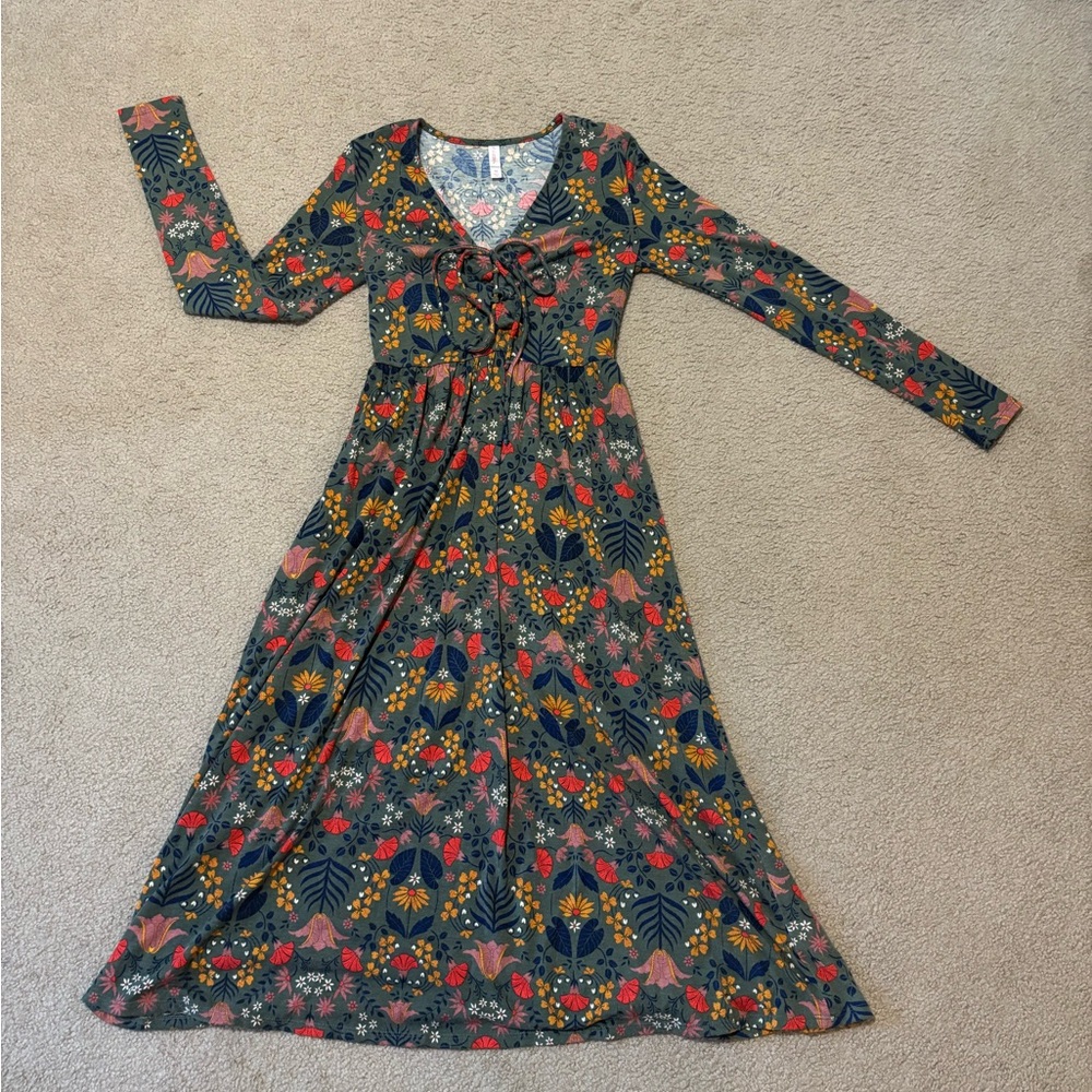 Xhilaration Green Multicolored Floral Long-sleeve Dress